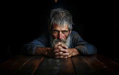 stary mężczyzna z brodą, wąsami, pomarszczoną twarzą zmęczony, poważny siedzi przy stole trzymając razem dłonie - obrazy, fototapety, plakaty