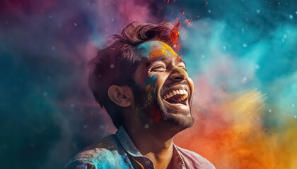 Fototapeta premium Portrait of a man in the dust of paints smiling , happy holi indian concept