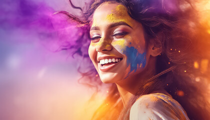 Happy indian woman smiling , happy holi concept