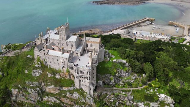 Drone shot of a castle on St Michael's Mount, Marazion, England, United Kingdom