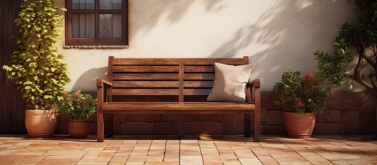 In the corner of the vintage-themed patio, a old wooden bench with its textured brown design stood atop the tile floor, adding a touch of rustic decoration to the outdoor furniture, inviting passersby - obrazy, fototapety, plakaty