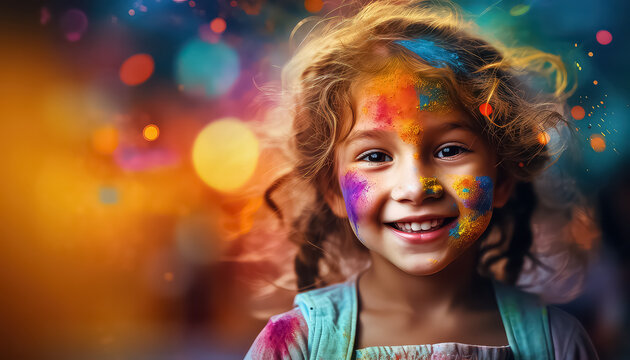 Happy girl in paint dust , happy holi indian concept