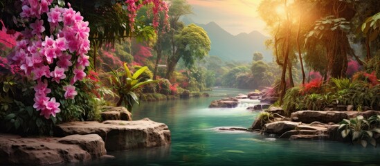 The beautiful summer landscape in Thailand is adorned with colorful flowers, lush green gardens, and tropical plants, creating a stunning wallpaper with a captivating texture that embodies the natural - obrazy, fototapety, plakaty