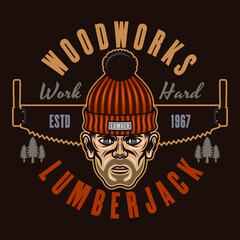 Lumberjack head in knitted hat and saw vector emblem in colored style on dark background