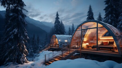 Glamping in the winter mountains. AI Generation - obrazy, fototapety, plakaty