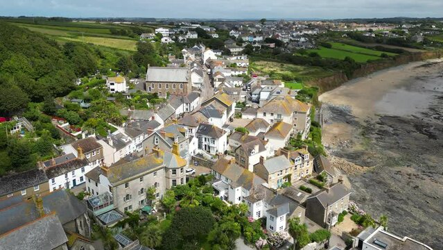 Drone shot of Marazion town in Cornwall, England, United Kingdom