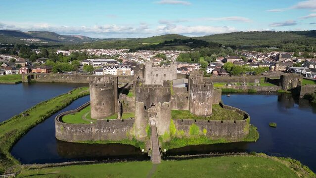 Aerial view of Caerphilly Castle (Welsh: Castell Caerffili) in Wales, UK