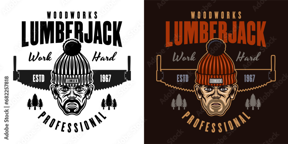 Wall mural Lumberjack head in knitted hat and saw vector emblem in two styles black on white and colorful