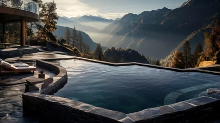 Foto op Plexiglas Schoonheidssalon Luxurious jacuzzi in a mountain hotel overlooking the forest and mountain landscape. AI Generation