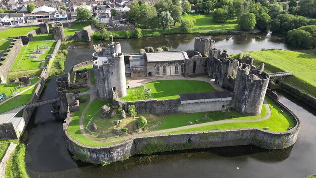 Drone view of Caerphilly Castle (Welsh: Castell Caerffili) in Wales, UK