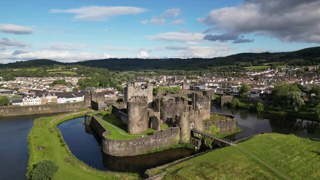 Caerphilly Castle, a medieval fortification in Wales, United Kingdom (aerial view)