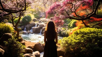 serene Japanese garden, a young Japanese woman with beautiful flowing hair stood amidst a colorful array of spring flowers, her silhouette blending with the natural beauty of the park. - obrazy, fototapety, plakaty