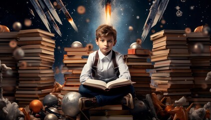 The Bookworm's Throne: A Young Boy Captivated by His Tower of Knowledge