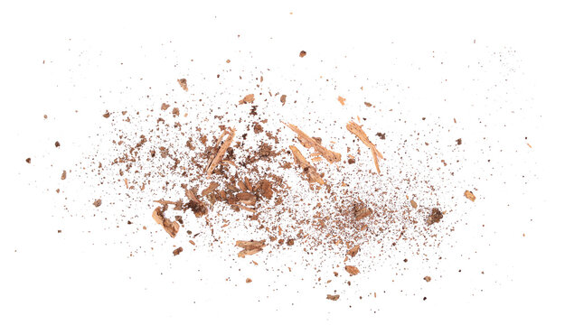 Rotten, old pieces of wood scattered, isolated on white, top view