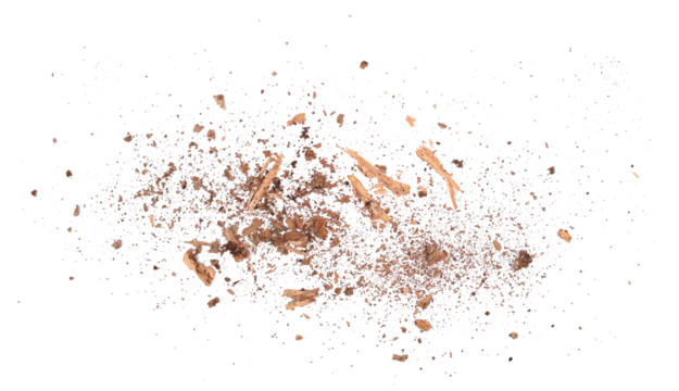 Rotten, old pieces of wood scattered, isolated on white, top view