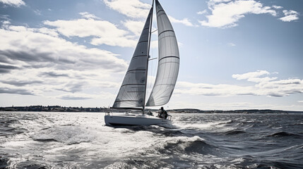 Fototapeta premium bateau de plaisance à voile pris en photo au ras de l'eau par un temps clair et dégagé en mer proche des côtes