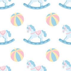 Seamless pattern, cute rocking horses rocket toys. Pastel shades. Baby shower background, baby textile, vector