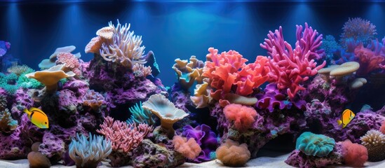 In the marine aquarium, a vibrant reef thrives with saltwater, colorful anemones swaying gracefully, and a bubbletip showcasing its mesmerizing beauty in the tank.