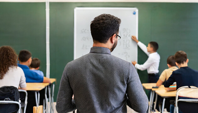 Looking Down At A Male Teacher In A Classroom, Back Turned To The Chalkboard, Engaging Students In A Dynamic Learning Environment.