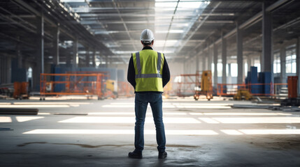 A construction engineer supervising progress of construction project stand on new concrete floor.