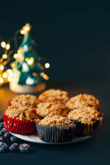 Muffins, blueberry cakes. Christmas decorations.