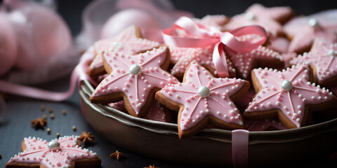 Pink Christmas banner with star shaped glazed gingerbread cookies in a brown bowl on a dark background. - Powered by Adobe