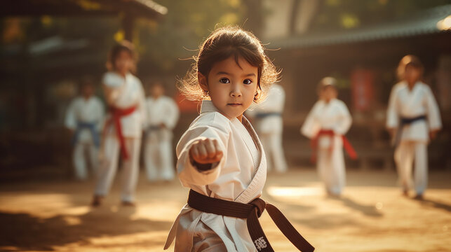 Asian kids karate martial arts or Taekwondo.