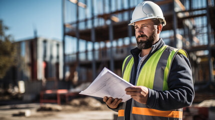 Building inspector, Engineering consulting people on construction site holding blueprint in his hand. - obrazy, fototapety, plakaty