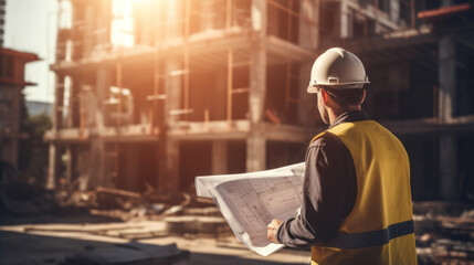 Building inspector, Engineering consulting people on construction site holding blueprint in his hand. - Powered by Adobe