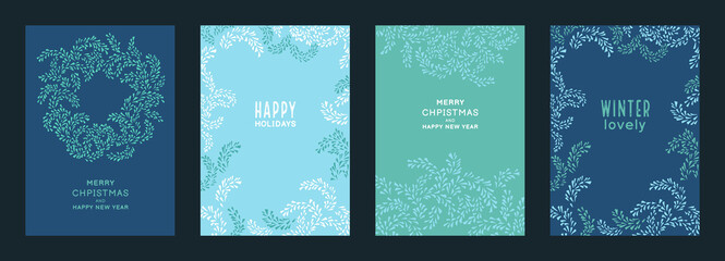 Fototapeta na wymiar Set of holiday cards with copy space. Winter templates with a Christmas wreath and unique floral frame ornament. Vector hand drawn.