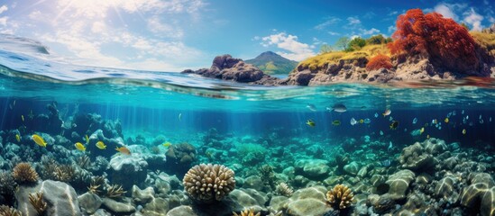 In Japan, travelers can explore the captivating beauty of nature, emerging themselves in the white sandy beaches and vibrant lagoons, where the underwater world unveils a rich diversity of marine life - obrazy, fototapety, plakaty