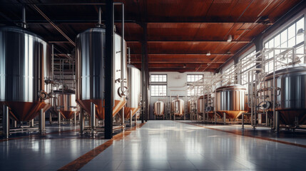 Interior of Brewery or alcohol production factory. Large steel fermentation tanks in spacious hall. - obrazy, fototapety, plakaty