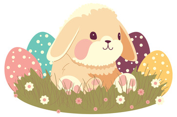 Easter rabbit with eggs jentle  illustration in pastel colors. Fluffy funny bunny.