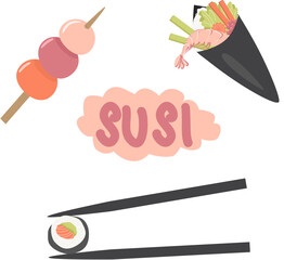 Sushi set cone roll, treat on skewers, sushi sticks. Vector set in cartoon cute style.
