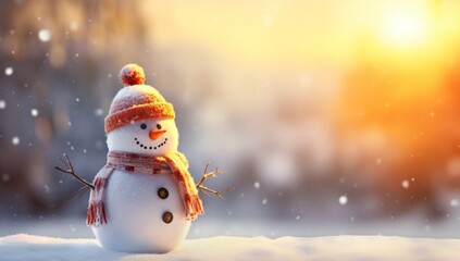 A Charming Snowman with a Festive Red Hat and Cozy Scarf