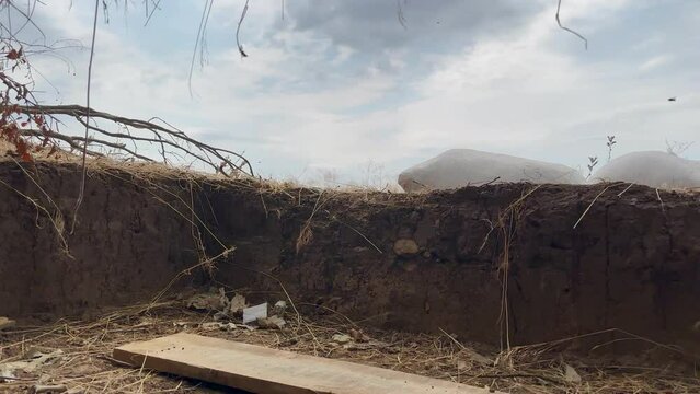 View from dugout and trench during war with Ukraine, with log roof, parapet with two white sandbags and bright blue sky