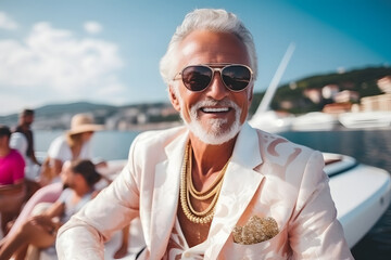 Rich man whit necklace, suit and sunglasses in a yacht