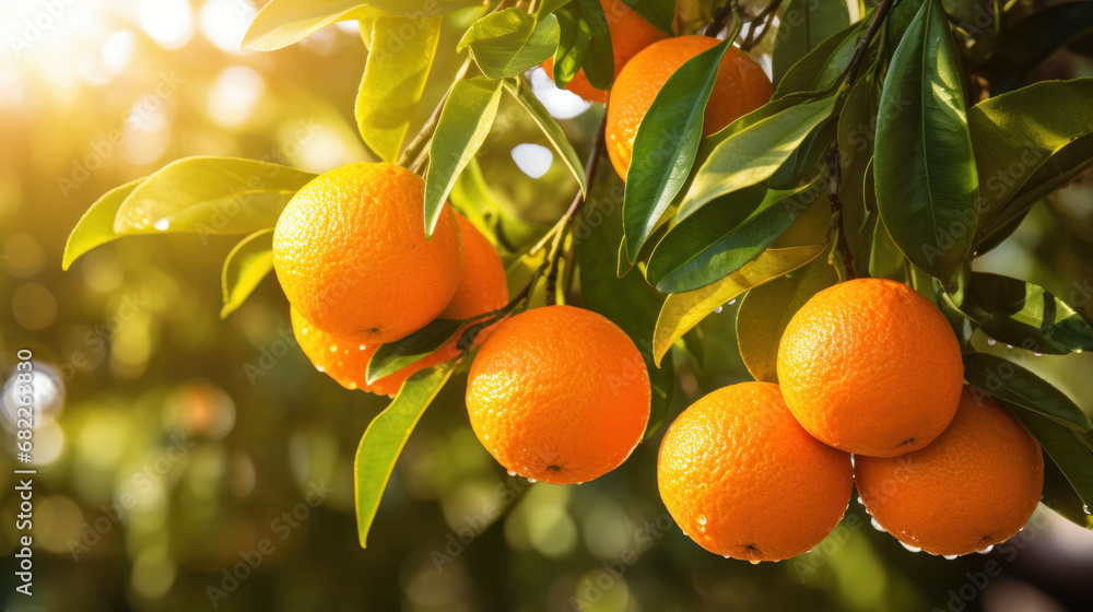 Poster Oranges growing on a tree, Orange garden.