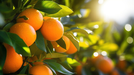 Oranges growing on a tree, Orange garden.