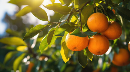 Oranges growing on a tree, Orange garden.
