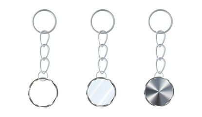 A set of silver or steel keychains in the shape of a circle. Metal key holders isolated on white background. Realistic vector illustration.