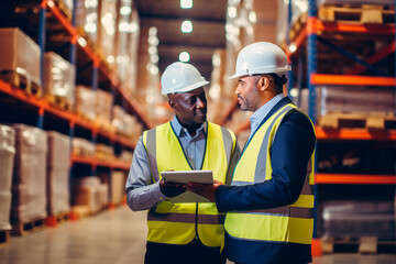 Multi-ethnic workers in a warehouse using tablet