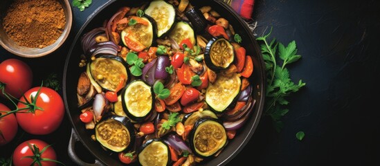 From a top view of the table, a quick and delicious dinner was prepared in a skillet; the aromatic dish of Ratatouille showcased eggplant and other vegetables seasoned with spices and garlic, making