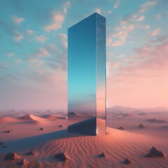 a mirror monolith standing in the desert, light blue and pink sky, surreal, digital art, photorealistic