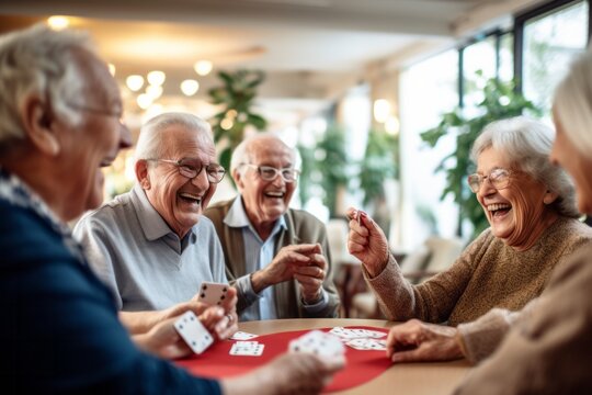 Happy joyful group of seniors playing cards