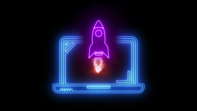 Neon line animated rocket take off. The concept for launching and start up of business. Able use graphic isolated on transparent background.	