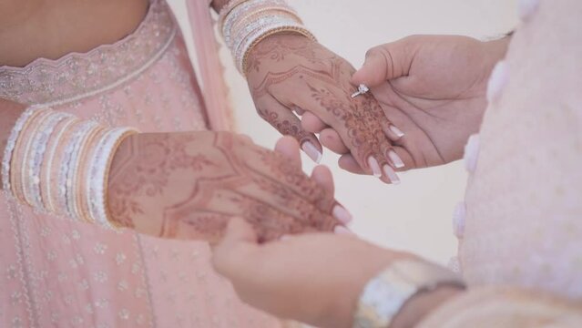 Indian Hindu Couple holding each other hands during their marriage Function. Close up slow motion Video.