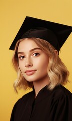 Portrait photography of a beautiful woma wearing graduation cap, looking at camera, isolated on solid light yellow background with AI