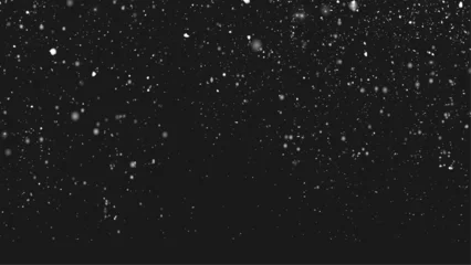Fotobehang White Snow Falling on Isolated Black Background, Shot of Flying Snowflakes Bokeh, Dust Particles or Powder in the Air. Holiday Overlay Effect © Creative