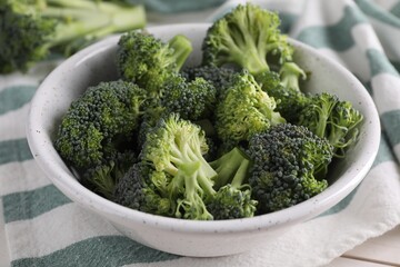 Bowl with fresh raw broccoli on white table, closeup